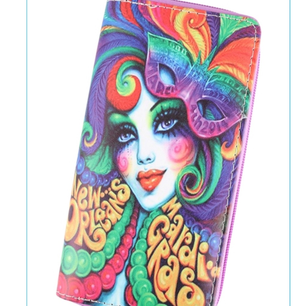 NWT Extremely Colorful New Orleans Mardi Gras Lady Zip Around Wallet!